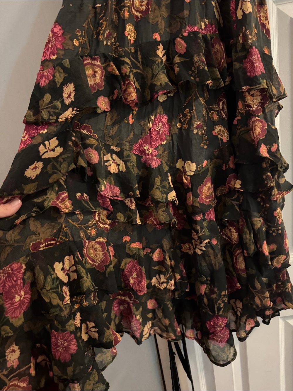 Free People Black Floral High-Low Ruffle Maxi Skirt with Pink & Green Accents - Picture 5 of 10